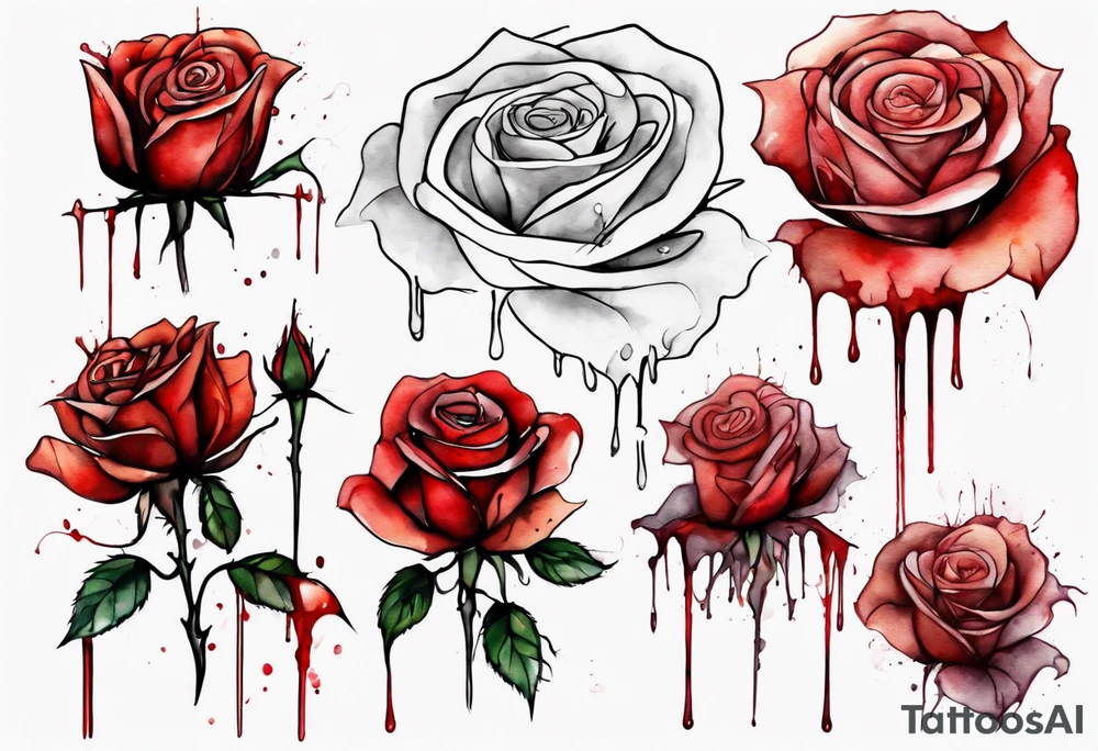 rose flower, one line, red blood dripping from the flower, tall, watercolor tattoo idea
