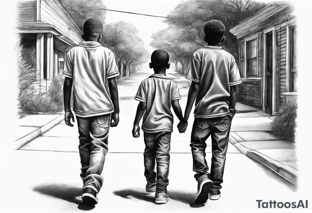 three black school age brothers walking away together down a street full bodies and one on the side looking at the one in the middle tattoo idea