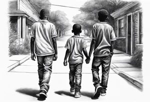 three black school age brothers walking away together down a street full bodies and one on the side looking at the one in the middle tattoo idea