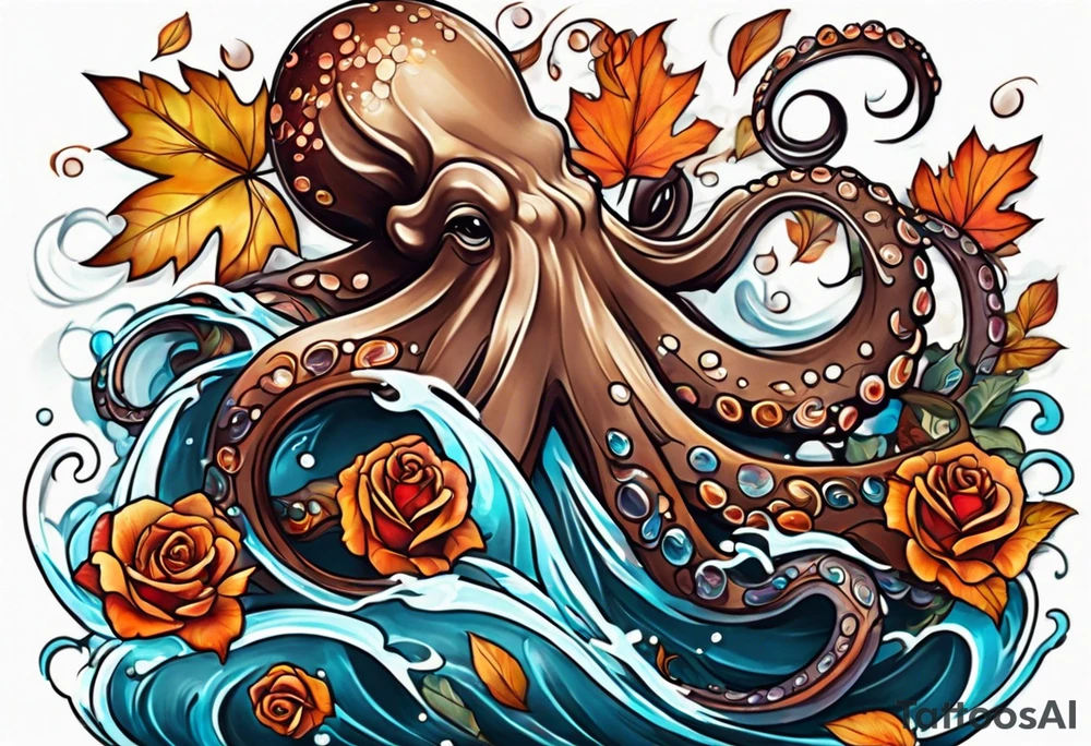 abstract left thigh tattoo with a large octopus in water swirls wrapping around rocks, a rose, in fall colors with some small leaves and fall elements tattoo idea