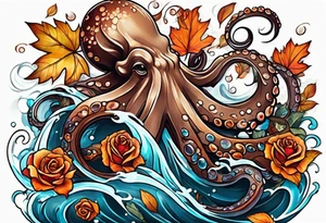 abstract left thigh tattoo with a large octopus in water swirls wrapping around rocks, a rose, in fall colors with some small leaves and fall elements tattoo idea