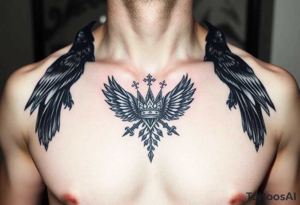 Chest tattoo, two ravens and icelandic symbols, dark brest tattoo, crown betwen ravens tattoo idea