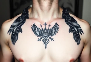 Chest tattoo, two ravens and icelandic symbols, dark brest tattoo, crown betwen ravens tattoo idea