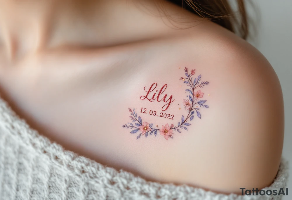 Lily 12. 03. 2022) – A delicate rose pink and lavender floral design encircles Lily's birthdate in elegant cursive, with tiny gold accents around the numbers. tattoo idea