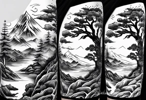 Full arm sleeve, tree going up to shoulder dead tree going down to wrist, wrapped in a serpent moving down with mountain, water elements tattoo idea