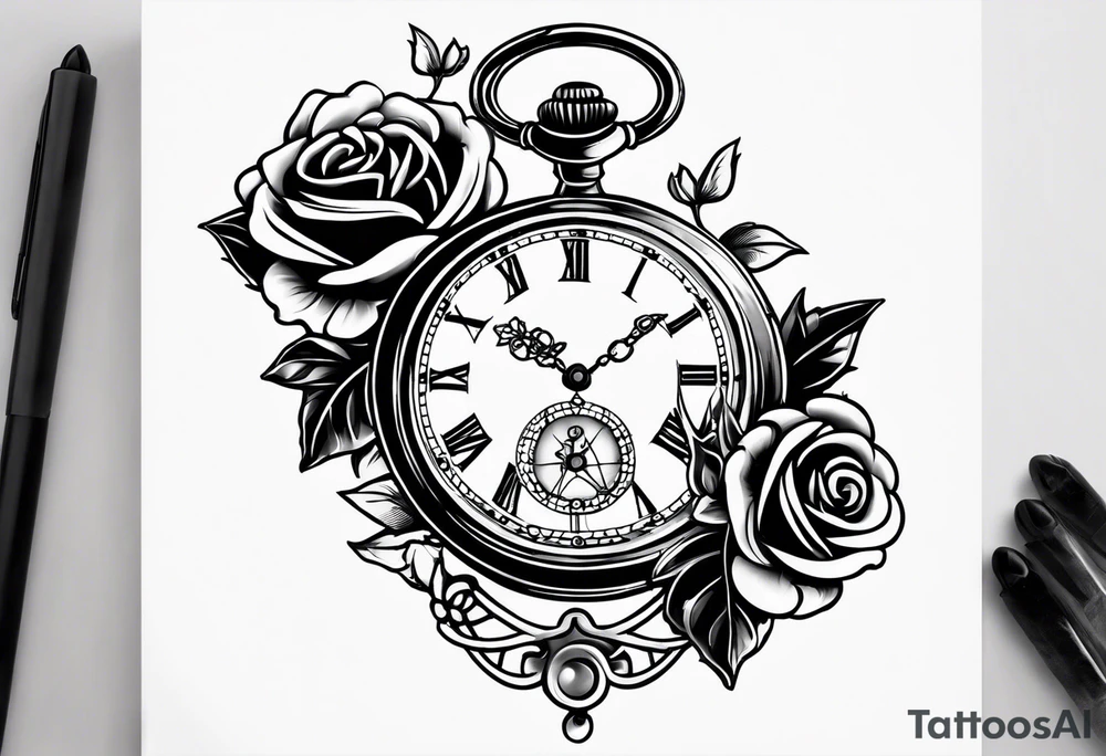 Pocket watch with chain and roses tattoo idea