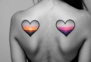 Hearts shaded with a sunset gradient of orange, pink, and purple across both shoulder blades. tattoo idea
