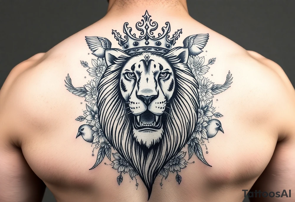 powerful majestic lion with a crown, surrounded by floral ornaments and birds tattoo idea