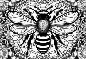 Bee surrounded by honeycombs but the honeycombs are made up of molecules like dopamine and serotonin and oxytocin tattoo idea