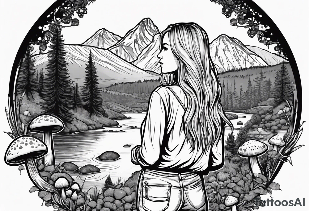 Whole picture encircled fully

Straight long blonde hair hippie girl in distance holding mushrooms in hand facing away toward mountains and creek surrounded by mushrooms long sleeve shirt and hiking pants; whole rendering within a full circle, no cut off circle tattoo idea