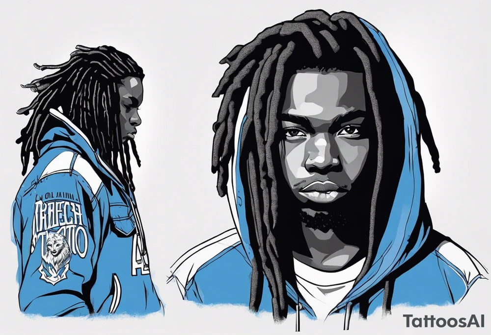 black well built teen with with a grey hoodie on and blue jeans with long dreads turning into a blue wildcat in various spots on his body. I want his hoodie appear as if its been ripped in random places from the inside with I Carolina blue football jersey showing underneath that reads Camden tattoo idea