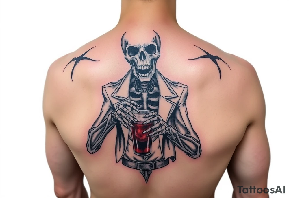 evil skeleton in clothes getting drunk tattoo idea