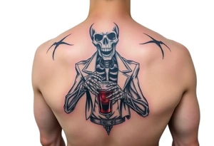 evil skeleton in clothes getting drunk tattoo idea