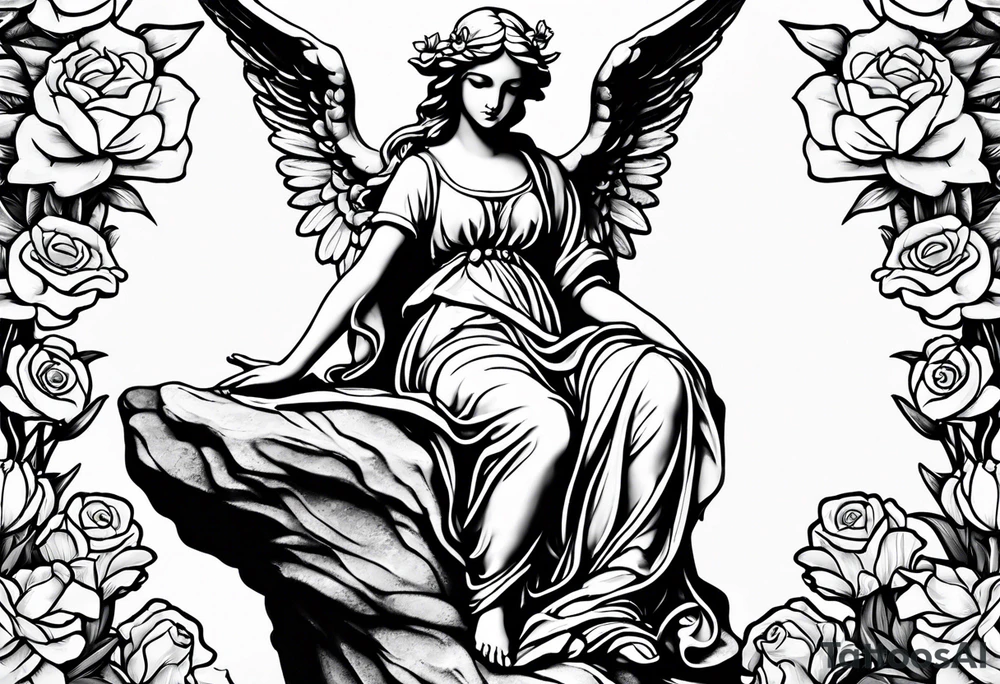 Simple Angel statue stood on a rock with daffodils and roses wrapped around its legs tattoo idea