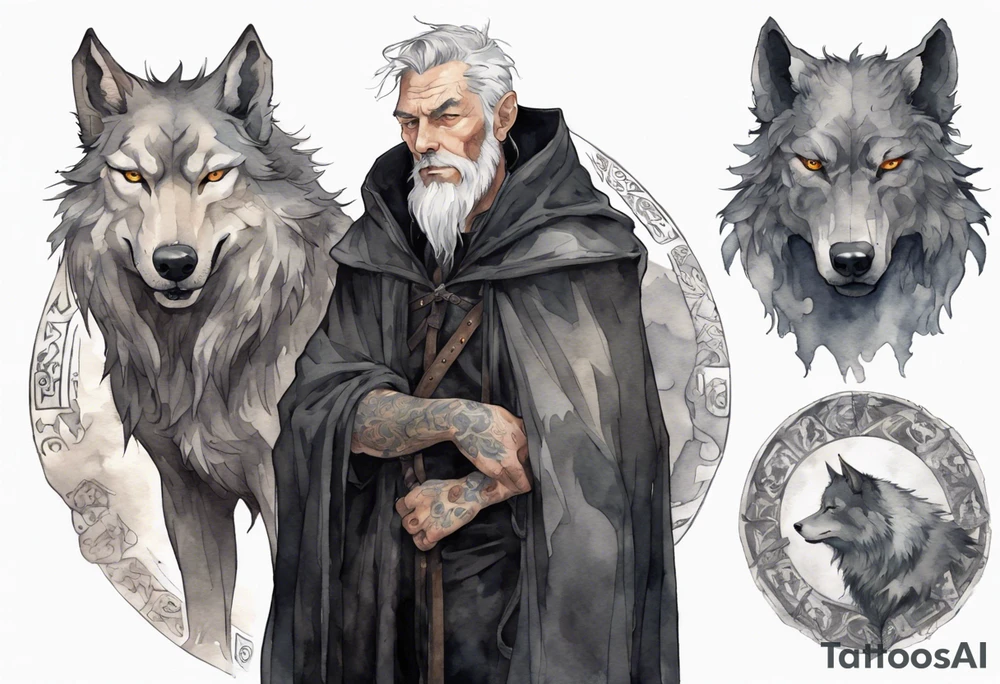 a gaunt medieval man with grey hair, white eyes, and a black cloak standing beside a massive grey wolf tattoo idea