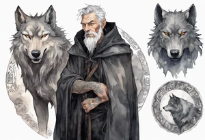 a gaunt medieval man with grey hair, white eyes, and a black cloak standing beside a massive grey wolf tattoo idea