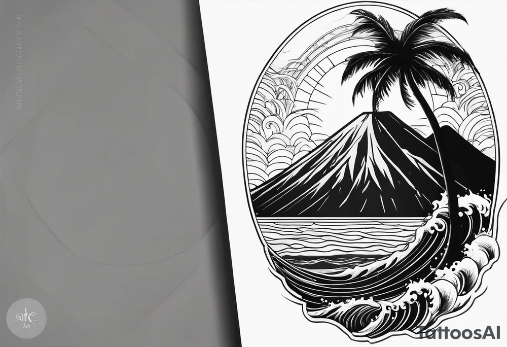 fineline tattoo of a palm tree and a wave with a volcano in the background tattoo idea