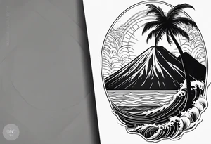 fineline tattoo of a palm tree and a wave with a volcano in the background tattoo idea