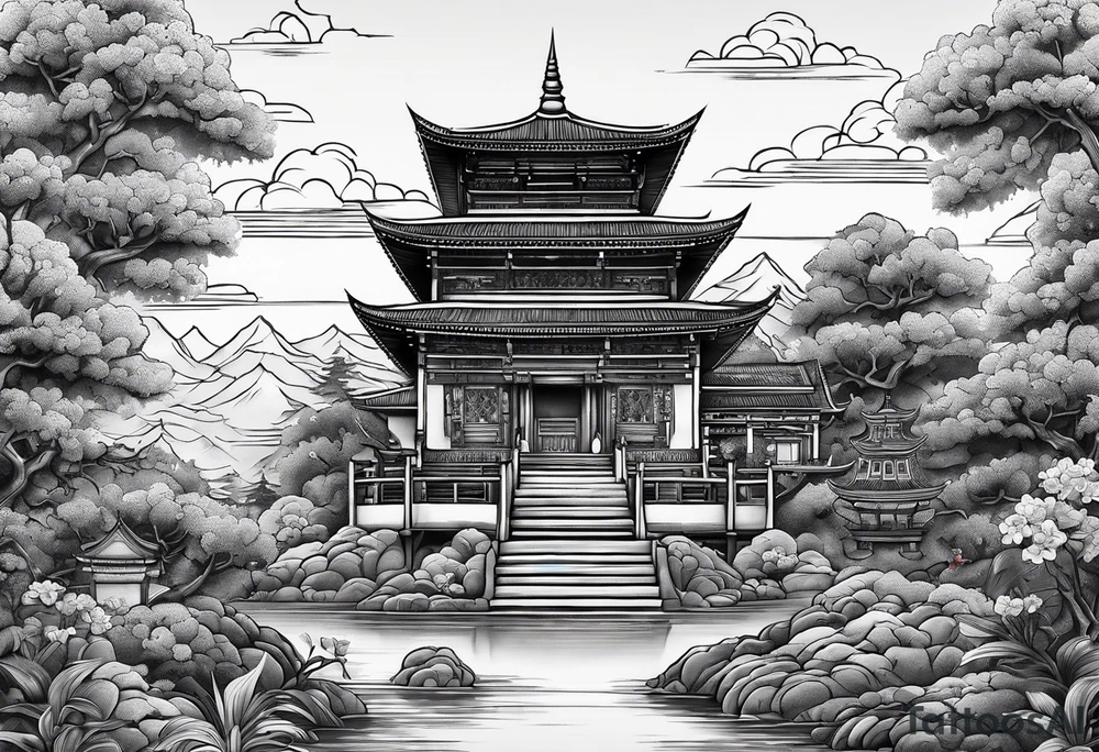 a old world map as the background with a small Buddhist temple at the bottom tattoo idea