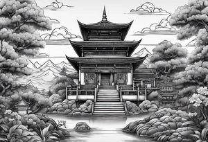 a old world map as the background with a small Buddhist temple at the bottom tattoo idea