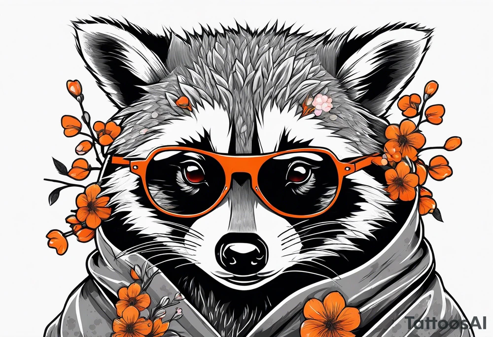 raccoon wearing a Superman hoodie with orange cherry blossoms tattoo idea