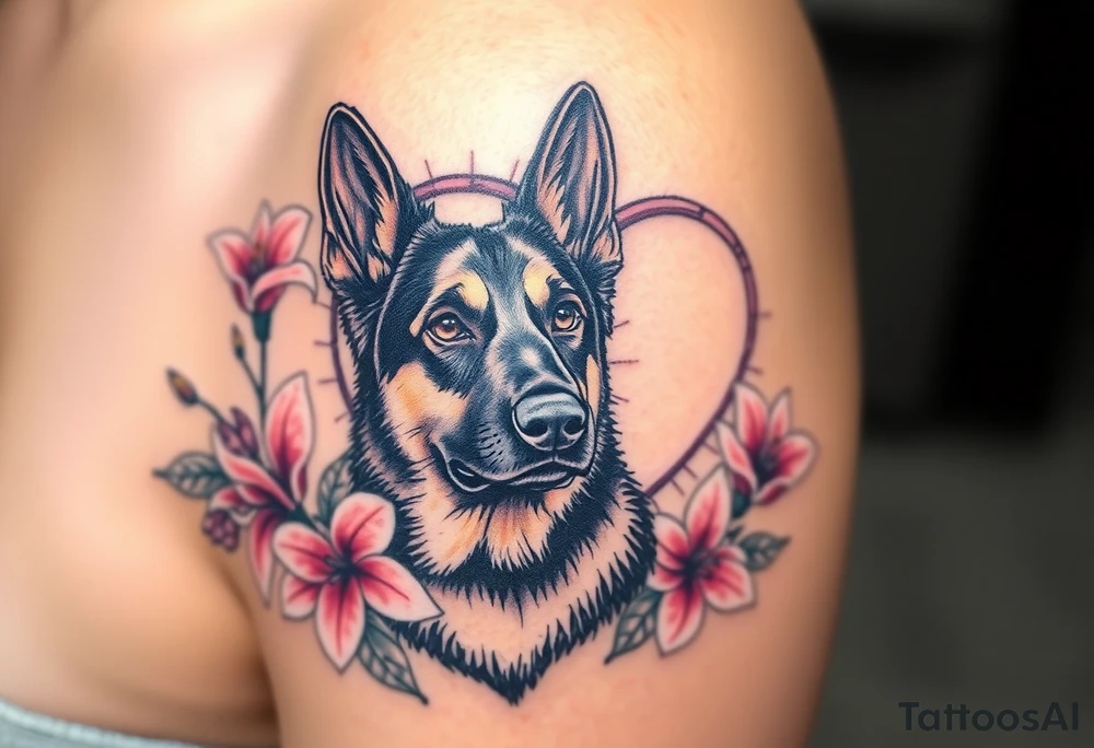 realistic german shepherd with alert ears looking protective surrounded by pink lilies with leaves in front of a sacred heart tattoo idea