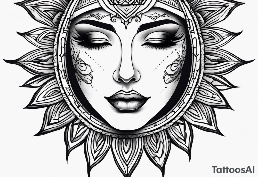 Small Traditional sun with feminine eyes and lips shading around edges tattoo idea