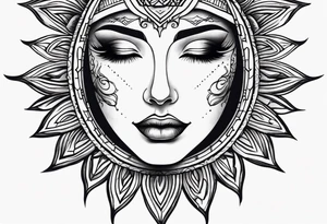 Small Traditional sun with feminine eyes and lips shading around edges tattoo idea