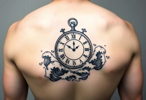 Nautical theme clock surrounded by waves tattoo idea