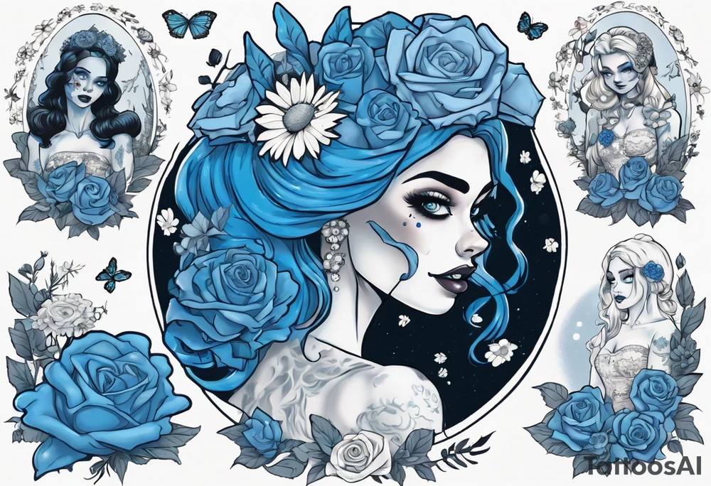 character Emily from the film corps bride. she is wearing a wedding dress. the vail on her head. she is holding a bouquet of blue roses in the middle of the bouquet  there is one white daisy. there is a Blue Morpho butterfly flying above the white daisy. A full moon on the background. tattoo idea