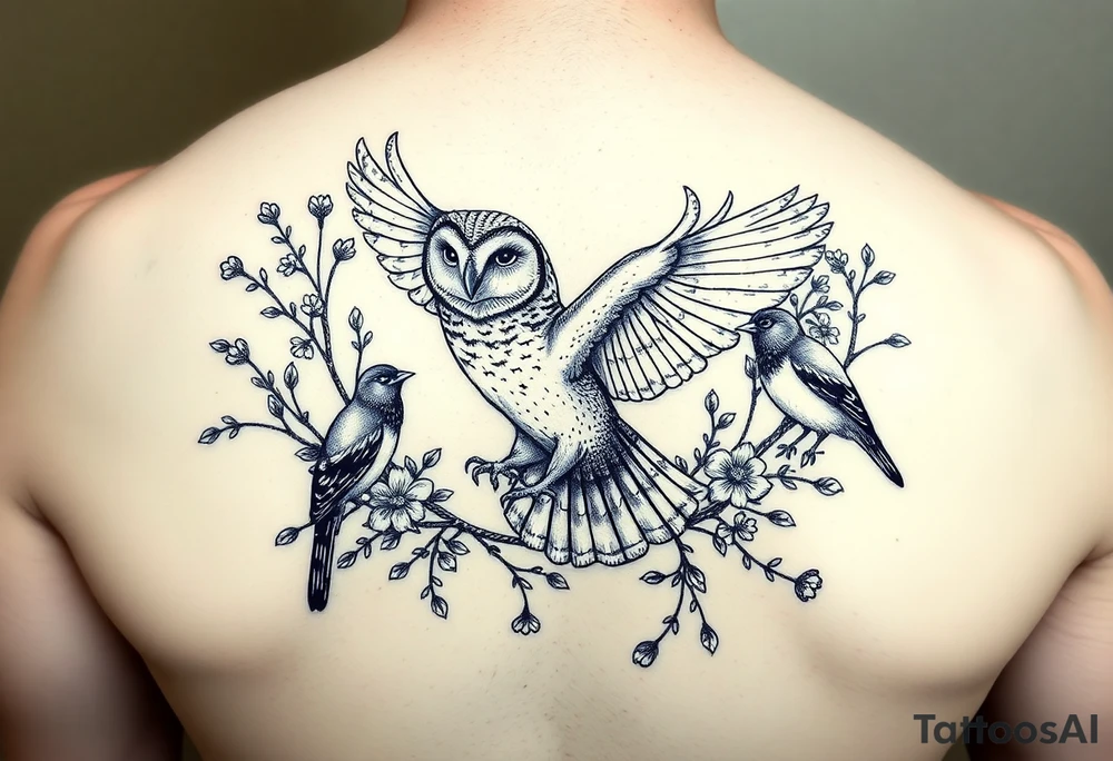 A british barn owl and 2 magpies, entwined by rowan tree branches, berries and florals. In fineline and dotwork. The owl should be in flight tattoo idea