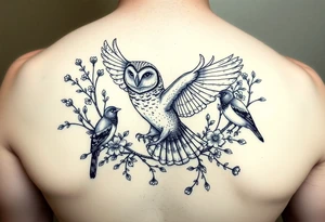 A british barn owl and 2 magpies, entwined by rowan tree branches, berries and florals. In fineline and dotwork. The owl should be in flight tattoo idea