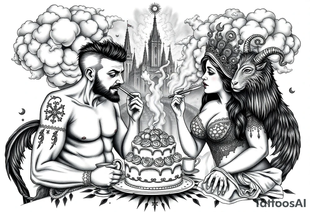 Mystical Naked Man and woman eating cake  having sex clouds gothic sexy naked fat lady having a tea party with tea pot and Victorian castle explosions
with a piggy, peacock, noose, lion, goat, smoking cigerettes looking in the mirror thru storm clouds with razor blades and broken hearts and darkness and wrath, envy , gluttony, greed, sloth, pride kill tattoo idea