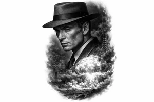 Create a high-end black-and-grey realism tattoo design featuring Cillian Murphy as J. Robert Oppenheimer from Christopher Nolan’s 2023 film Oppenheimer. His face must clearly resemble Cillian Murphy: sharp cheekbones, hollow cheeks, piercing light eyes, narrow face, intense haunted expression, wearing the dark 1940s suit and iconic wide-brimmed pork-pie hat from the film. Do NOT depict the historical J. Robert Oppenheimer or a generic 1940s scientist.

Show Cillian Murphy in dramatic three-quarter profile, looking slightly downward, with one side of his face illuminated by the Trinity nuclear explosion and the other disappearing into deep black shadow.

Behind and partially around him, show the Trinity test exploding over the New Mexico desert: an enormous white-hot fireball, rolling smoke, dust, and atmospheric shockwaves. The explosion should merge organically into his coat and silhouette instead of appearing as a separate mushroom cloud underneath him.

Incorporate subtle Manhattan Project imagery into the shadows: faint handwritten nuclear physics calculations, plutonium-core geometry, chain-reaction diagrams, Los Alamos technical sketches, and the distant silhouette of the Trinity test tower. These details should be secondary and partially hidden.

Make the entire piece dark, cinematic, ominous, sophisticated, and psychologically intense, inspired by the visual atmosphere of the 2023 Oppenheimer film. The tattoo should convey a brilliant man staring into the consequences of what he helped create.

Style: ultra-realistic black-and-grey tattoo, extremely accurate Cillian Murphy facial likeness, cinematic lighting, deep blacks, smooth greywash, fine-line details, realistic skin texture, strong contrast, controlled negative space, organic smoke transitions, no hard rectangular border, designed for an outer forearm or upper arm, vertical composition.

NO: historical Oppenheimer facial likeness, generic scientist, giant atom symbol around his head, atom halo, Einstein, cartoon imagery, symmetrical tattoo-flash layout, portrait sitting directly above a mushroom cloud, cheesy science icons, gears, clocks, skulls, roses, random text, gibberish equations, steampunk imagery, exaggerated fedora, smiling expression, superhero pose. tattoo idea