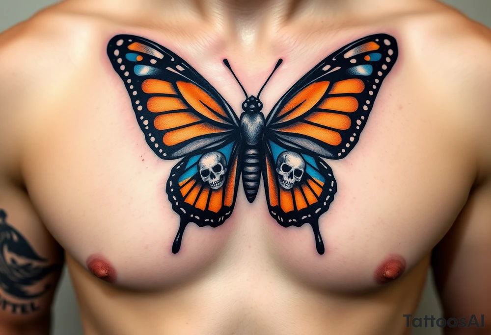 powerful majestic and dark monarch butterfly with  graffiti skull detail as the body hidden skulls in wings, skull detail making the body of the butterfly with a horror style effect, including blue,  orange and white colouring
placement on chest at collarbone tattoo idea