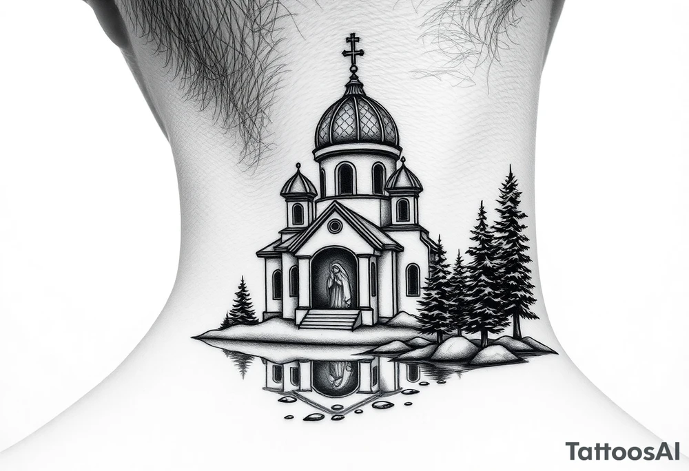 medium sized russian orthodox dome church with a separated virgin mary praying beside a lake and pine trees on the sized of my neck tattoo idea