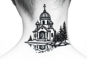 medium sized russian orthodox dome church with a separated virgin mary praying beside a lake and pine trees on the sized of my neck tattoo idea