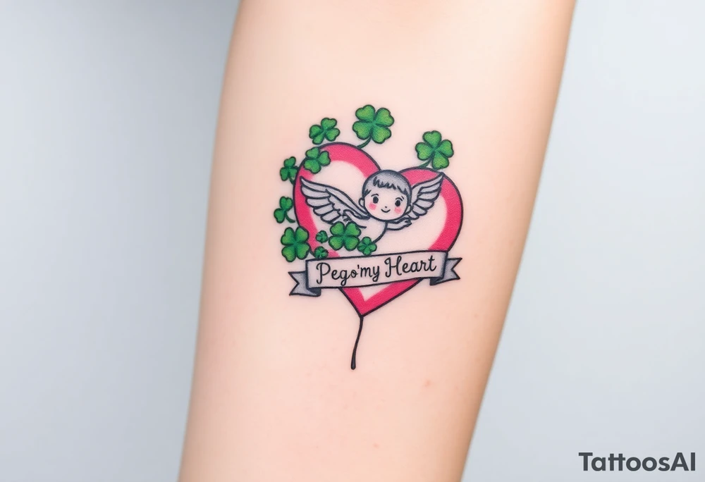 a big pink heart and a cartoon angel in a bunch of green shamrocks, a banner across the heart that says Peg 'o My Heart tattoo idea