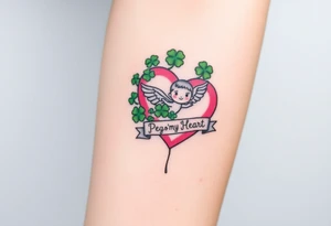 a big pink heart and a cartoon angel in a bunch of green shamrocks, a banner across the heart that says Peg 'o My Heart tattoo idea