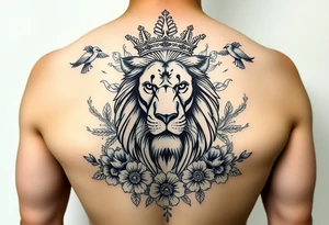 powerful majestic lion with a crown, surrounded by floral ornaments and birds tattoo idea