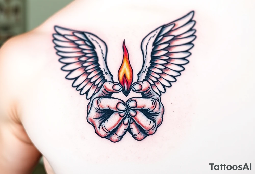 A Guardian Angel’s Hands Holding a Small Flame (only red , blue and black are possible colors) tattoo idea