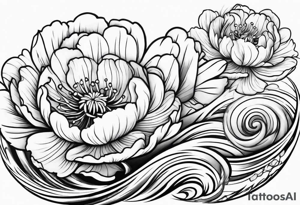 small peony flowers in the waves tattoo idea