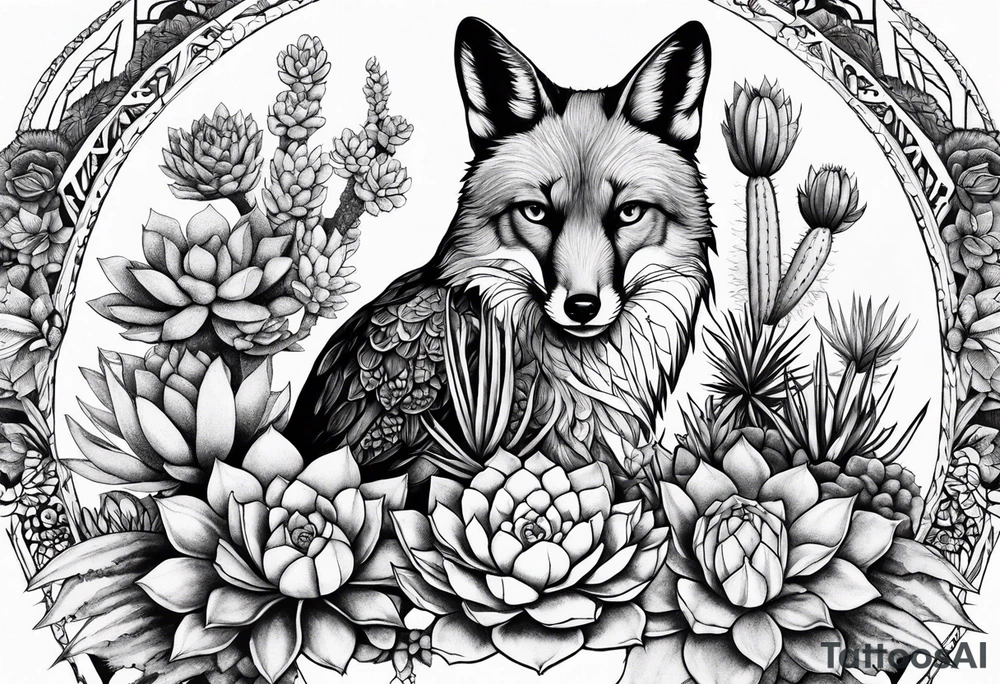 Succulents and cacti around a fox and crow tattoo idea