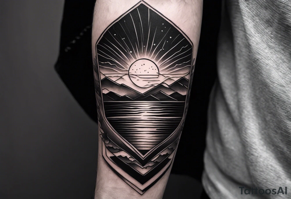Minimalistic, small, black and white tattoo on male forearm. Tattoo style is line drawing. From the perspective of being on the ocean, the water is calm, with no waves in sight, the sun is setting behind the ocean, reflecting light onto the water. The tattoo in the shape of a rectangle, 4 inches wide by 2 inches tall. tattoo idea