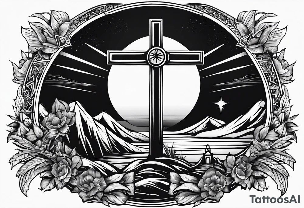 Tomb with cross and sun in the background tattoo idea
