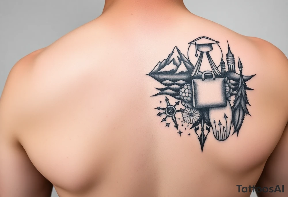 The tattoo should represent a journey from youthful enthusiasm to mature wisdom. On one side, depict the adventurous spirit of youth with imagery like rugged landscapes and exploration scenes. On the other side, reflect maturity and life experiences such as military service, career milestones, love, and family, using symbols like a graduation cap, military insignia, briefcase, wedding ring, and family.

Incorporate themes of continuous learning and self-discovery, with elements of self-love, familial bonds, community, and empathy. Contrast natural landscapes with man-made structures to symbolize the balance between nature and technology. The design should flow from left (youth) to right (maturity) and be rendered in black and white. tattoo idea