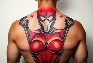 powerful female dominatrix wearing a red latex catsuit and full facemask surrounded by bdsm gear tattoo idea