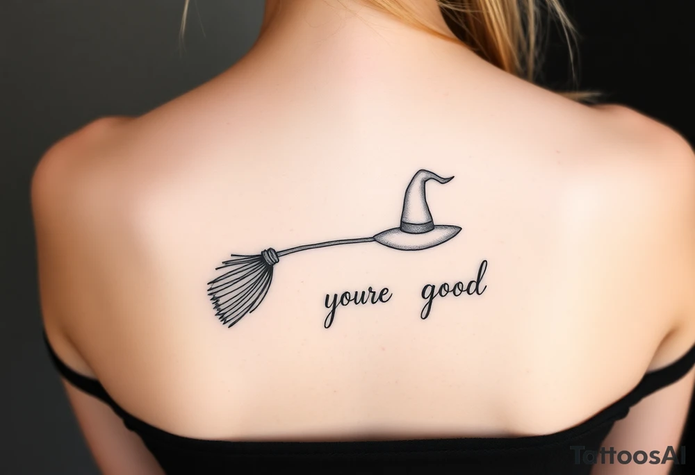 Wicked broom and wand with witch hat, and lettering “for good” tattoo idea