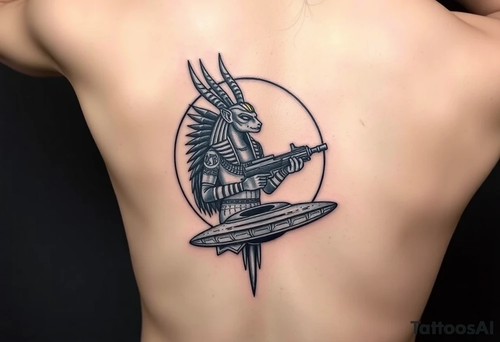 "Anubis in a ufo, holding a tommy gun. . Hieroglyph background spells 'BaC TO THE MOON'.  

Style: Art Deco meets cyber-Egyptian. Black/red/gold ink. Forearm sleeve." tattoo idea