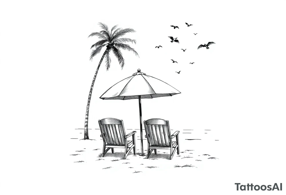 Beach scene with 2 chairs and umbrella and palm tree with bird silhouettes in the sky tattoo idea